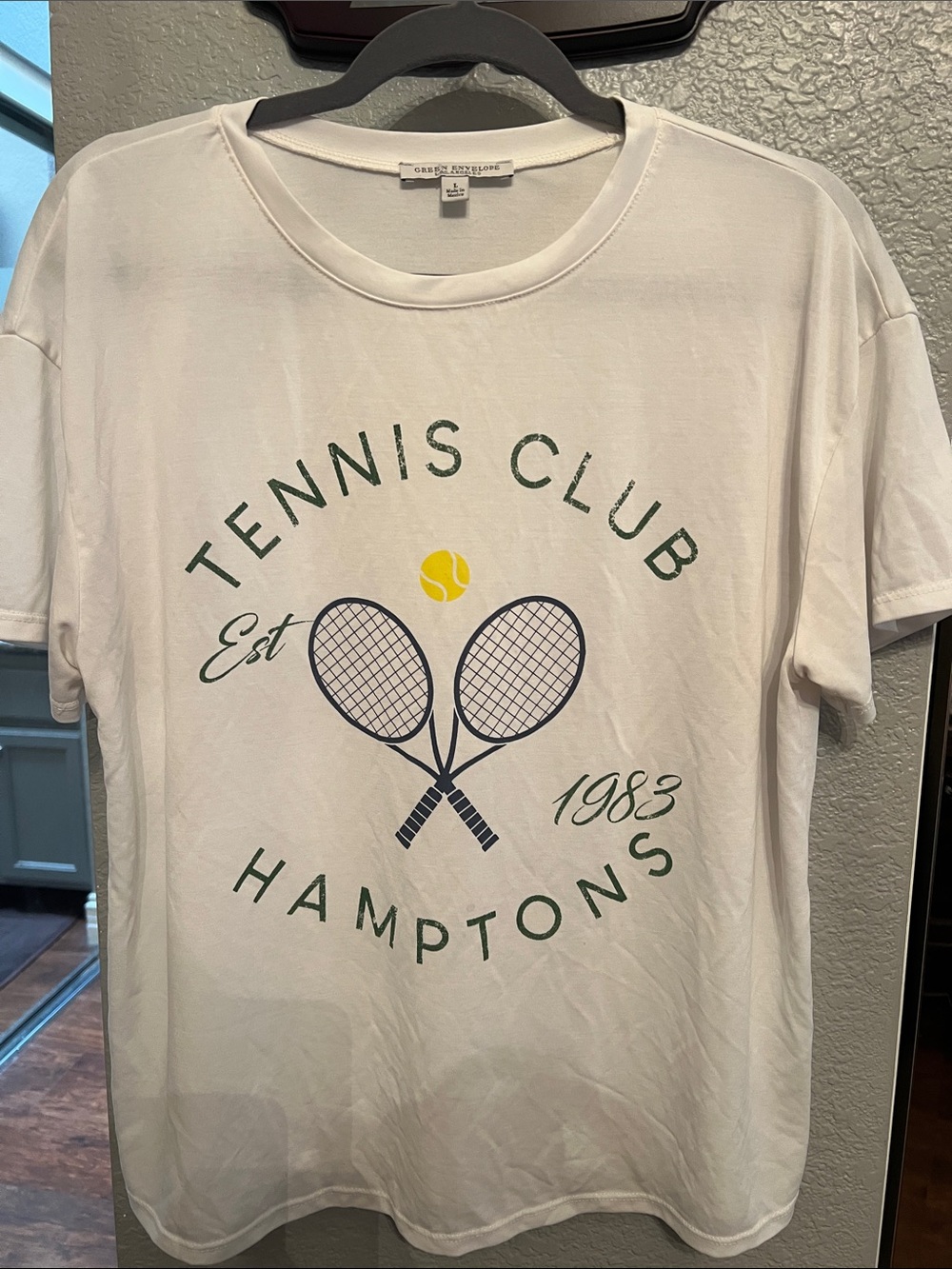 Green Envelope White Tennis Club Graphic Tee with Navy Racquets and Yellow Ball